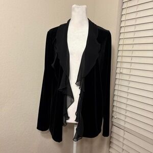 Travelers collection Chicos black velvet cardigan sheer chiffon waterfall ruffle